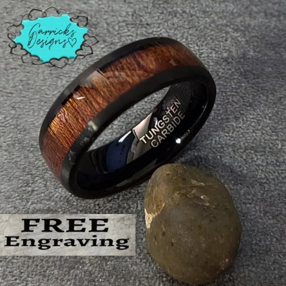 Personalized Engraved Men's Black Tungsten Wedding Ring Koa Wood Inlay